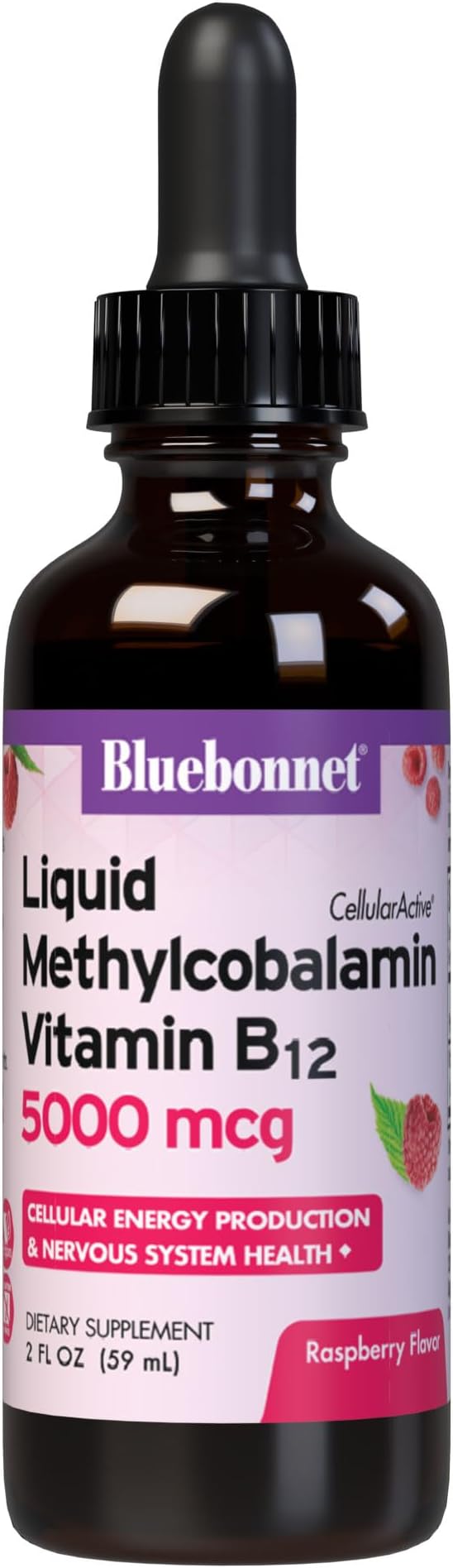 Bluebonnet Liquid Methylcobalamin Vitamin B12 5000 mcg Active Coenzyme Form of Vitamin B 12 Liquid Drops Energy Supplement for Women & Men - Vegan, Gluten-Free - Raspberry Flavor - 2 Fl Oz