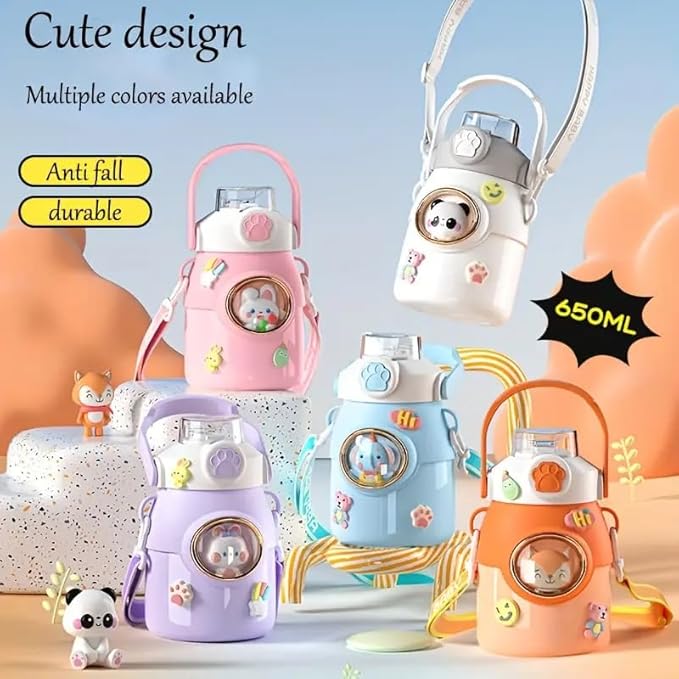 Cute Water Bottle with Strap and Straw 22oz Aesthetic Kawaii Water Bottles BPA-free Leak-proof Insulated Water Bottles for Girls Sports Travel(Blue)