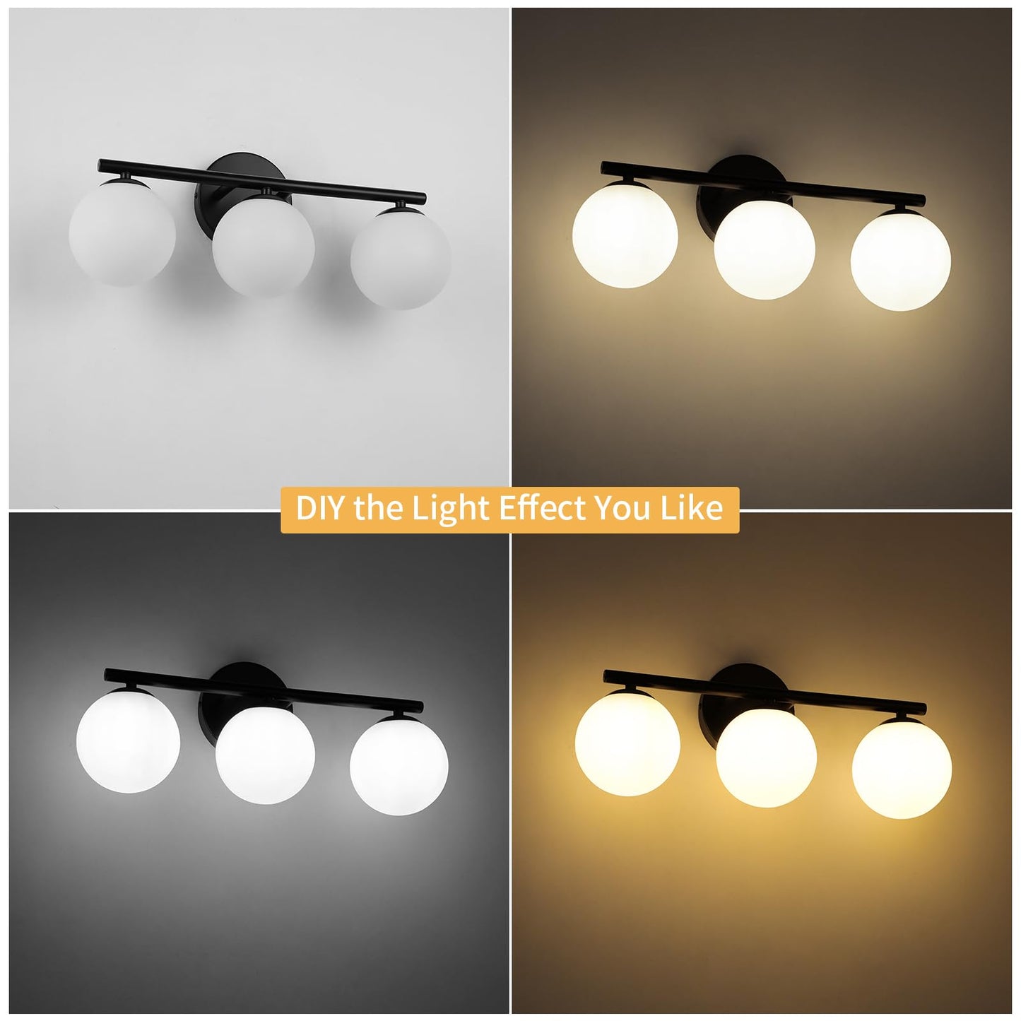 Foucasal Black Globe Bathroom Light Fixtures 3-Light Vanity Light With Plastic Milk White Globe Shades 11.81 Inch Wall Sconce Lighting Over Mirror  Vanity Lights For Bathroom Bedroom Hallway