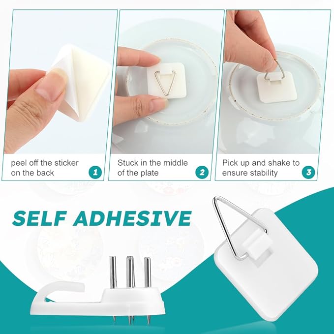 20 Pack Invisible Vertical Plate Holders, Plastic Picture Hanger Sticky Hanger, Adhesive Picture Hanger with Nail Picture Hanging Hooks for Decorative Picture Photo Plate Wall Art