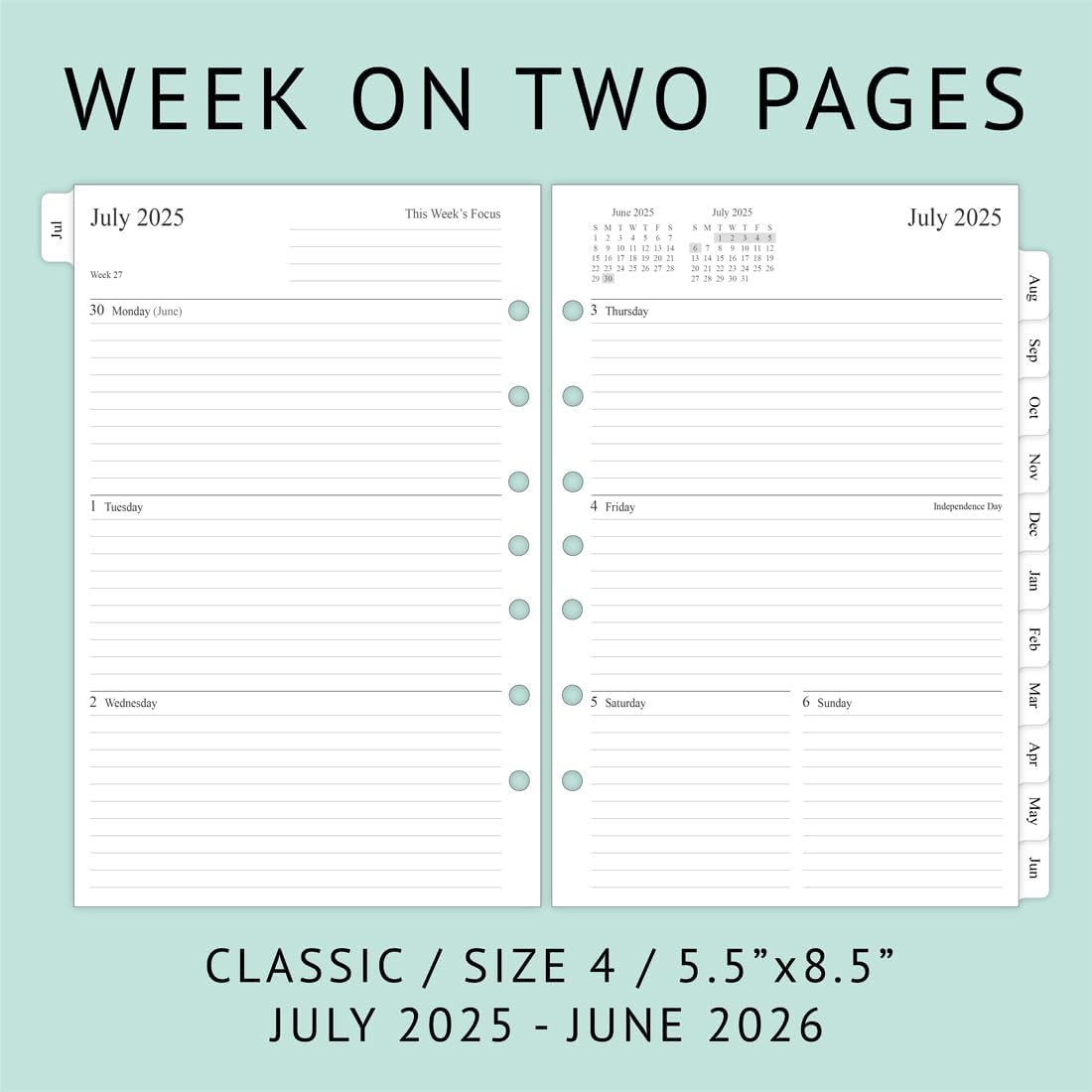 newestor 2025-2026 Planner Refill for Mini Binder, Weekly & Monthly, July 2025 - June 2026, 5-1/2" x 8-1/2", Desk Size 4, 7 Holes