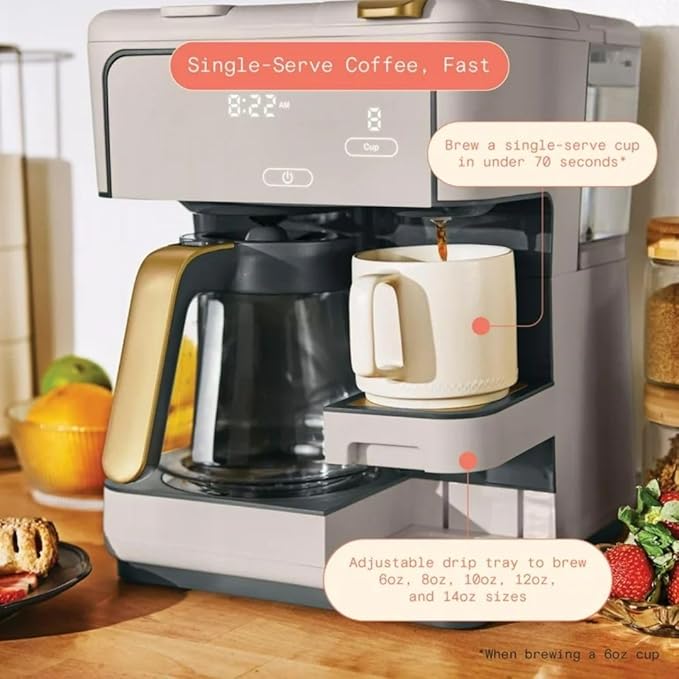 Beautiful by Drew Barrymore Multi-Brew Coffee Maker, 12-Cup Carafe + Single-Serve, Pods or Grounds, Over Ice, Touch Display. (Porcini Taupe)