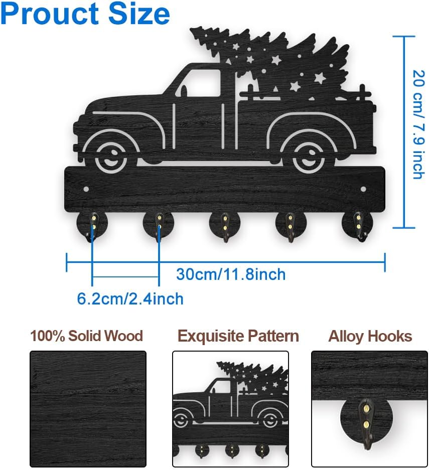 MAYJOYDIY Christmas Truck Tree Coat Racks Wood Tree Star Key Holder Wall Mount 11.8×7.9inch Black Key Hooks Rack 5 Alloy Hooks Christmas Home Decor Gifts Entryway Kitchen Bathroom Storage Organizer