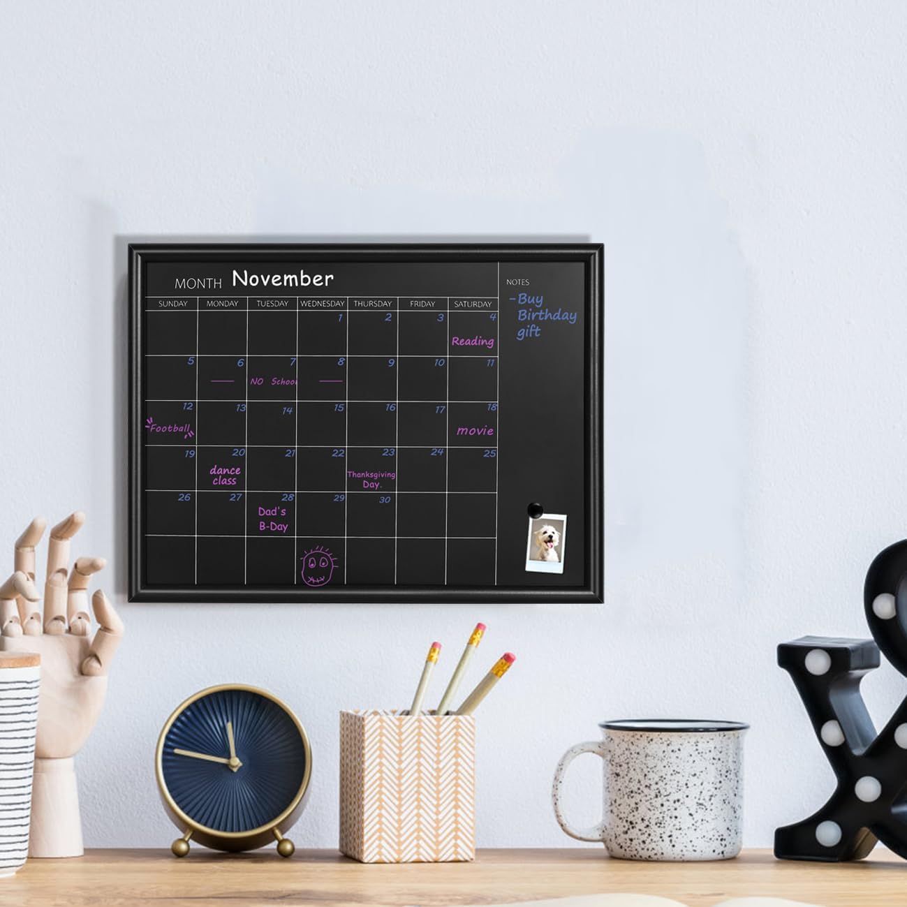 TORASO Calendar Chalkboard,Small Magnetic Surface Black Wood Frame Chalk Board for Planning,10.6 x 14.6 inches,School Timetable Memo, Hanging Board for Office, School and Home(YLHB-BK-2737)