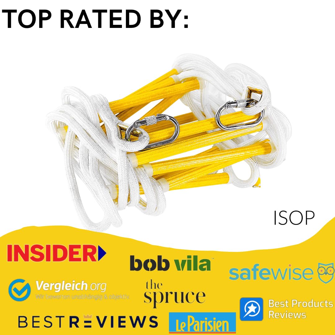 ISOP Safety Rope Ladder 4 Story 32 ft Flame Resistant - Innovative Solution Ladder with Safety Cord & Safety Belt - Reusable Compact & Portable - Weight Capacity up to 2000 Pounds - Certified Ladders