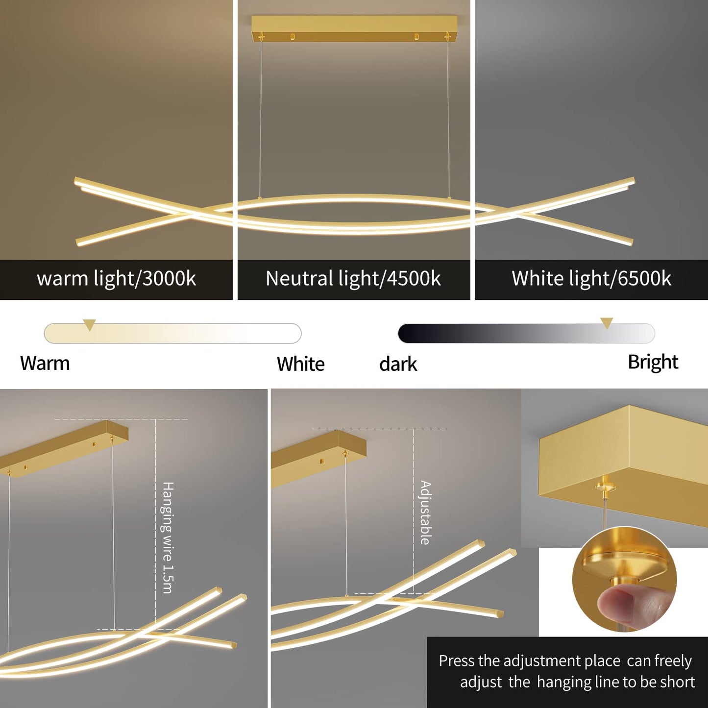 Matven Modern Chandelier Pendant Light, Dimmable LED, 3000K-6000K, 47IN, Gold, Model YGJS