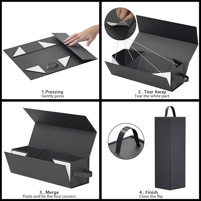 Wine Gift Boxes 12.8x3.8x3.8 in,Bottle Gift Boxes For Liquor Presents,For Wine and Champagne,Magnetic Collapsible Gift Box Wine Bottle Gift Packaging for Weddings,Anniversaries, Parties (Black/5PCS)