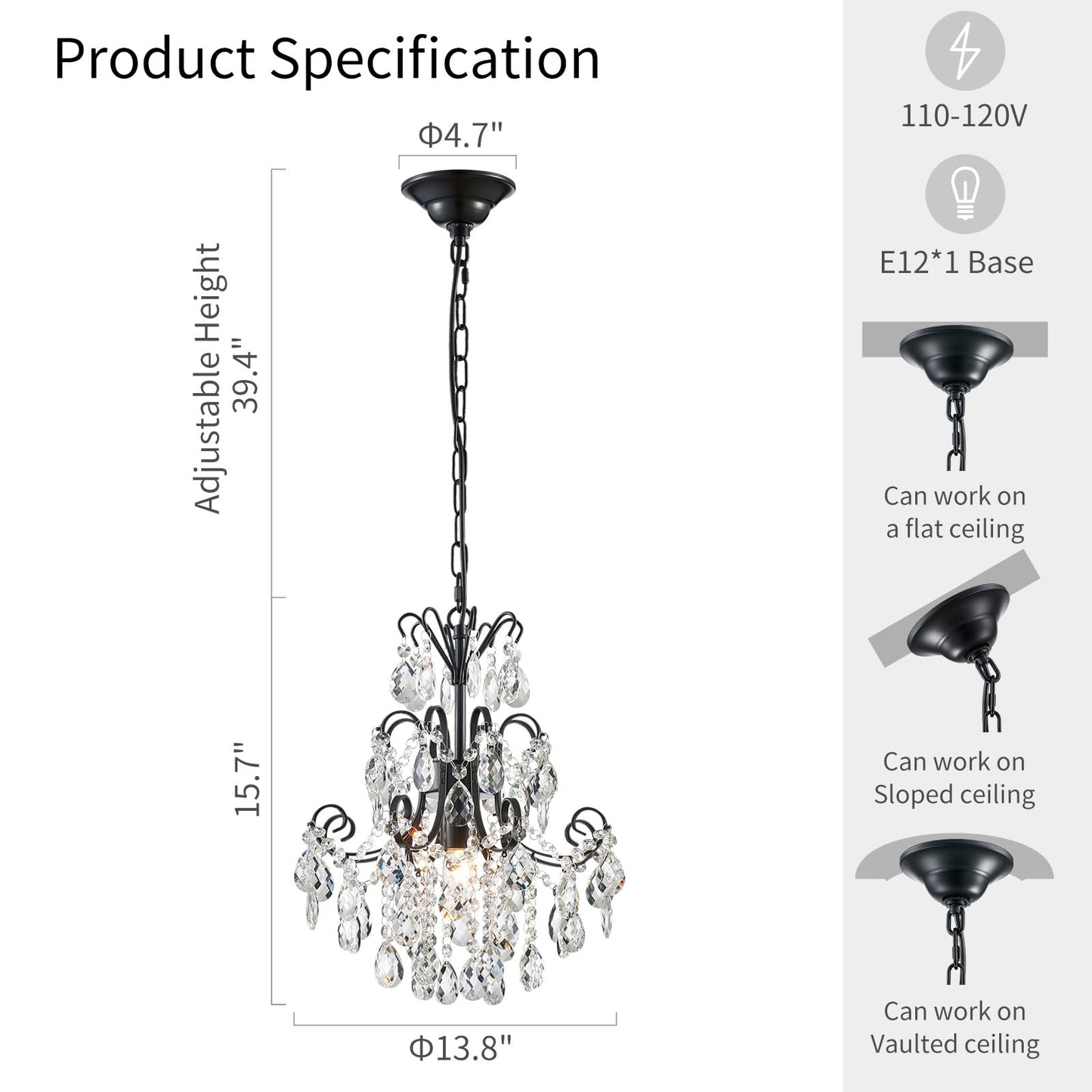 WUZUPS Crystal Chandelier Pendant Light, 15.7in High x 13.8in Wide, E12 Base, Metal, Black, Model USHD-5511502BK