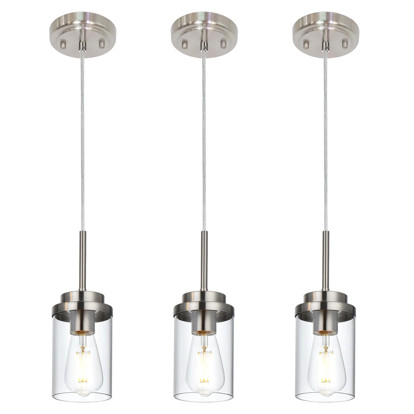 Melucee 3 Pack Hanging Pendant Lighting Fixtures Brushed Nickel  Adjustable Hanging Ceiling Lamp With Clear Glass Shade  Modern Pendant Light For Kitchen Island Dining Room Hallway