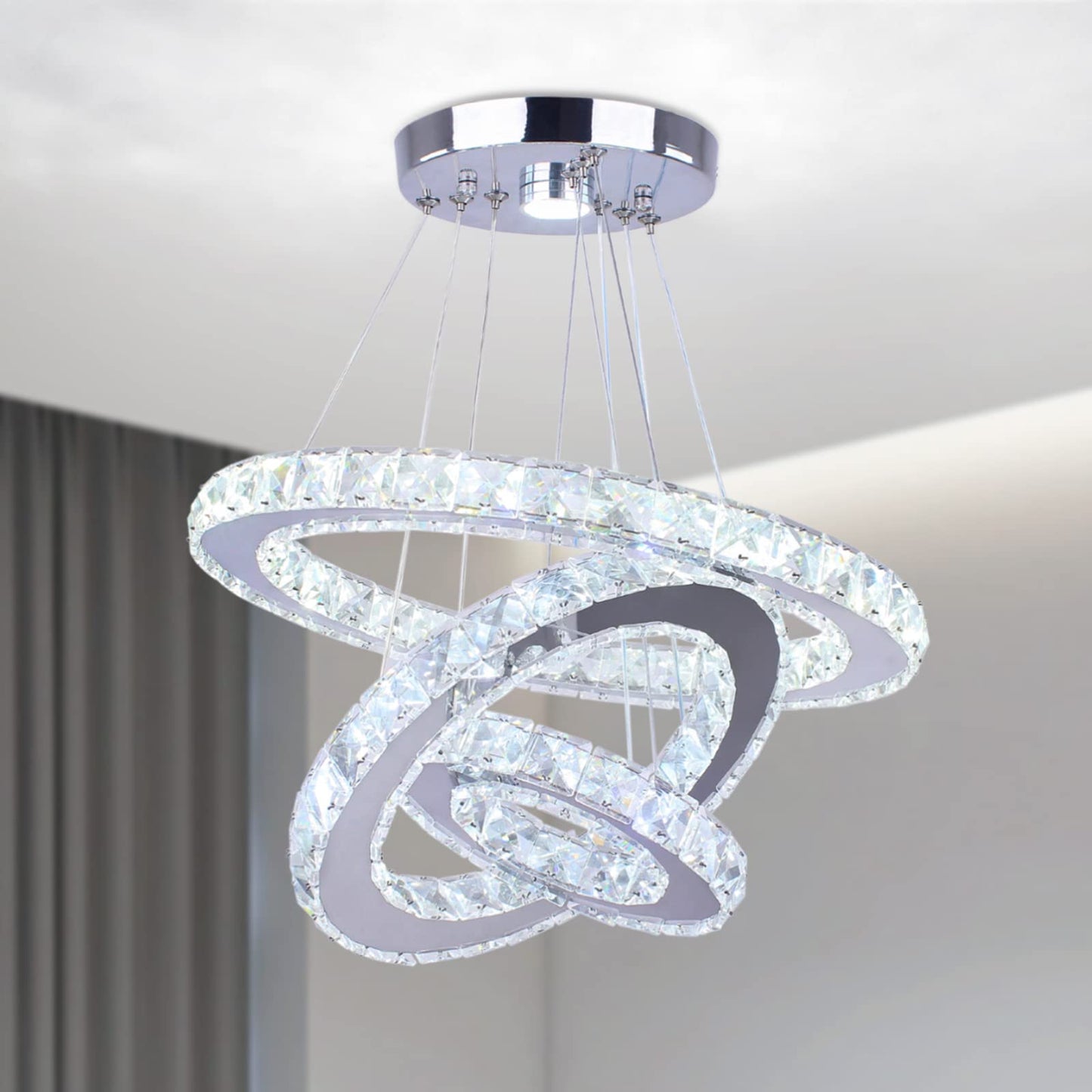 Cainjiazh Modern Crystal Chandelier 3 Rings LED Fixture Adjustable Ceiling Light for Dining Room, Bedroom, Living Room - Cool White, Model US-234YXDD-White