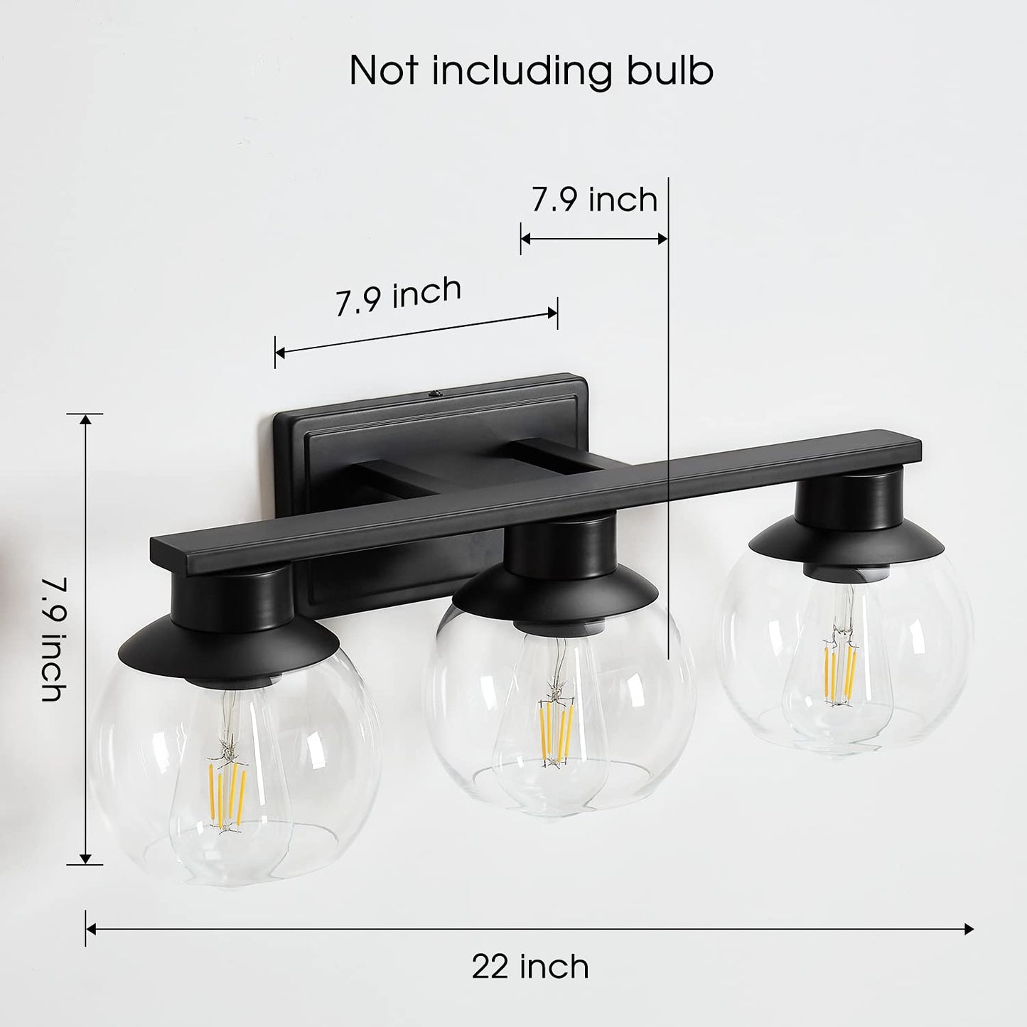 PAZALA 3 Light Vanity Lights for Bathroom, Globe Glass, Matte Black, E26 Base, 22 in, Perfect for Hallway & Mirror Lighting