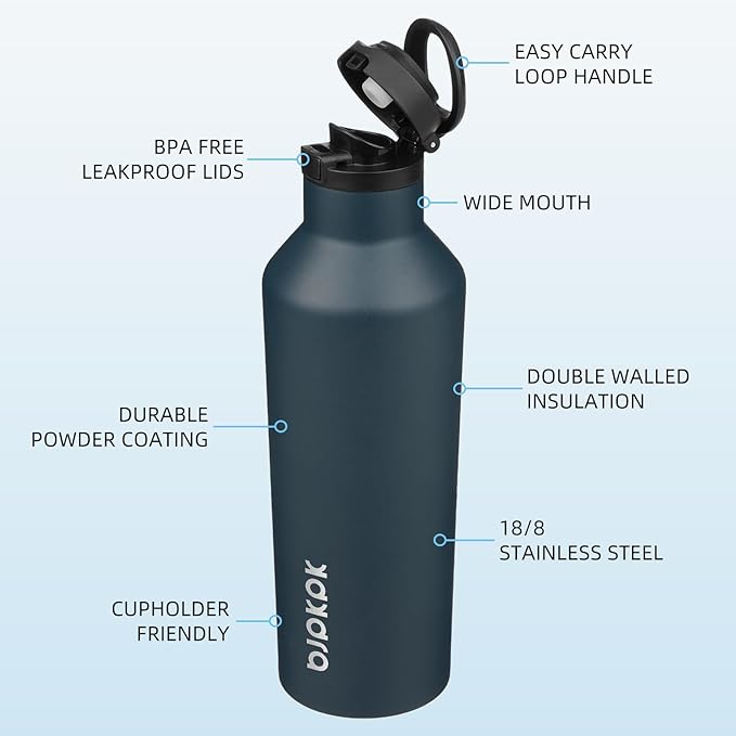 BJPKPK Insulated Water Bottle With Straw 25oz Stainless Steel Water Bottles With 2 Lids And Carry Handle Reusable Travel Metal Thermal Flask,Navy Blue