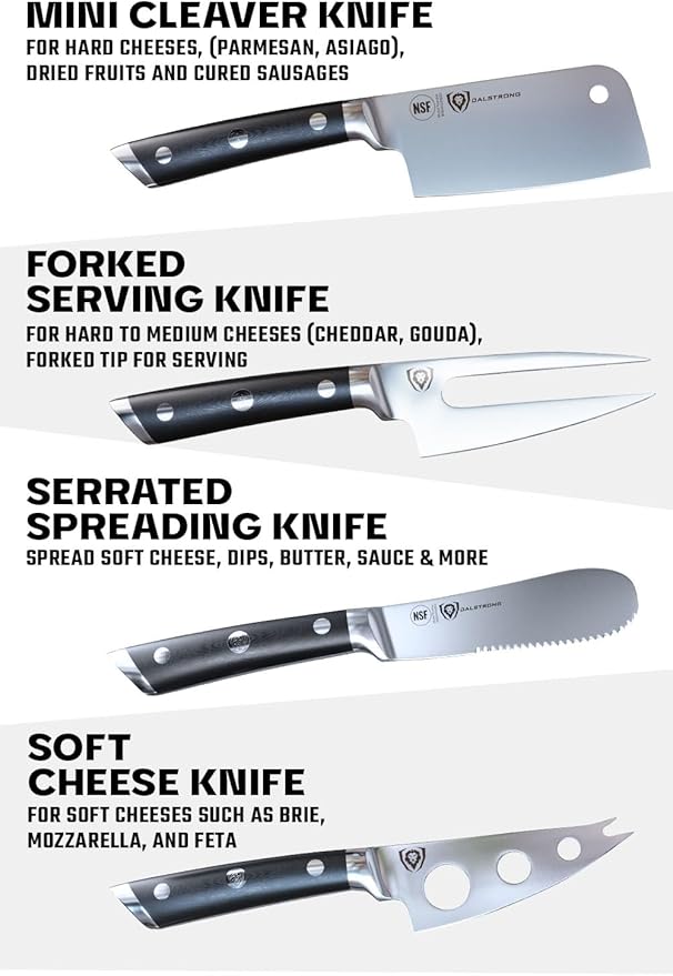 Dalstrong Charcuterie & Cheese Knife Set-4pc-Gladiator Series Elite-Mini Cleaver, Serrated,Round-Tip,Forked Cheese Knives Set-G10 Handle-Soft & Hard Cheese-Sheath-NSF Certified