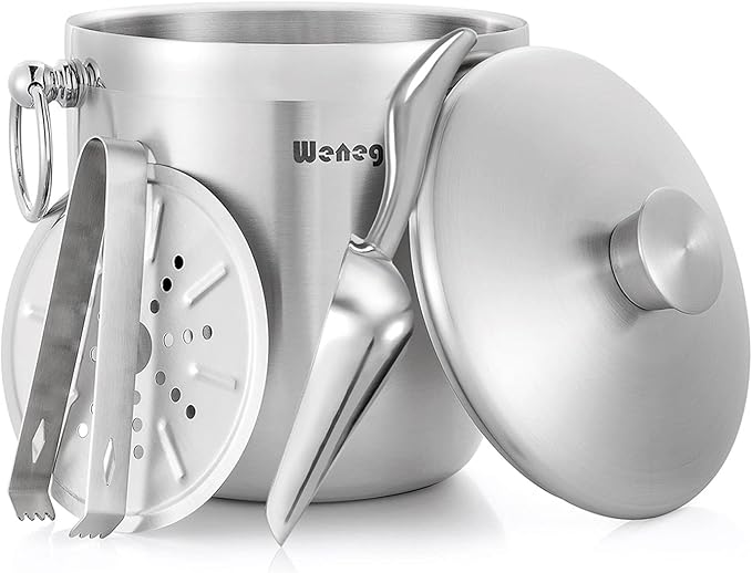 Ice Bucket with Lid, Scoop, Tongs and Strainer - Well Made Insulated Stainless Steel Keep Ice Frozen Longer - Ideal for Co...