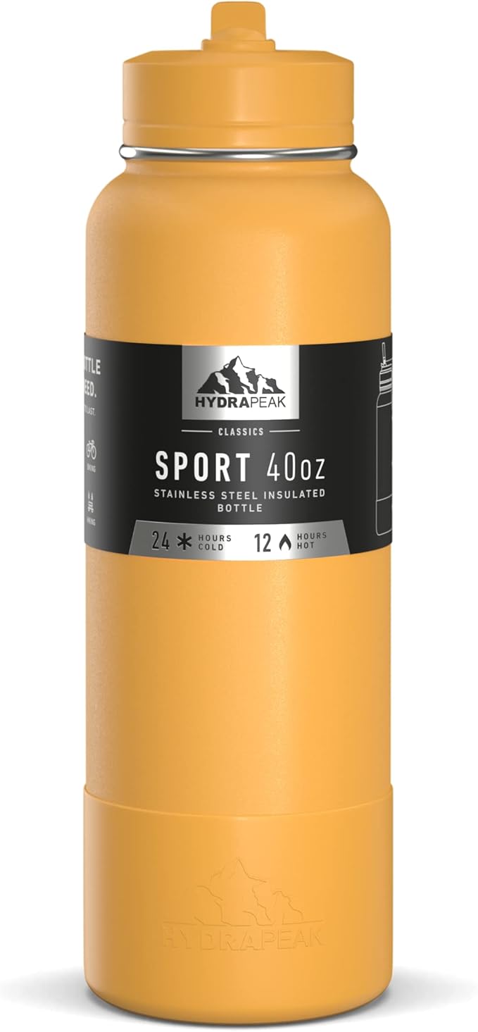 Hydrapeak 40oz Sport Insulated Water Bottle with Straw or Chug Lid, Leak & Spill Proof, Keeps Drinks Cold for 24 Hours, Hot for 12 Hours, Premium Stainless Steel Water Bottles (40oz, Tangerine)