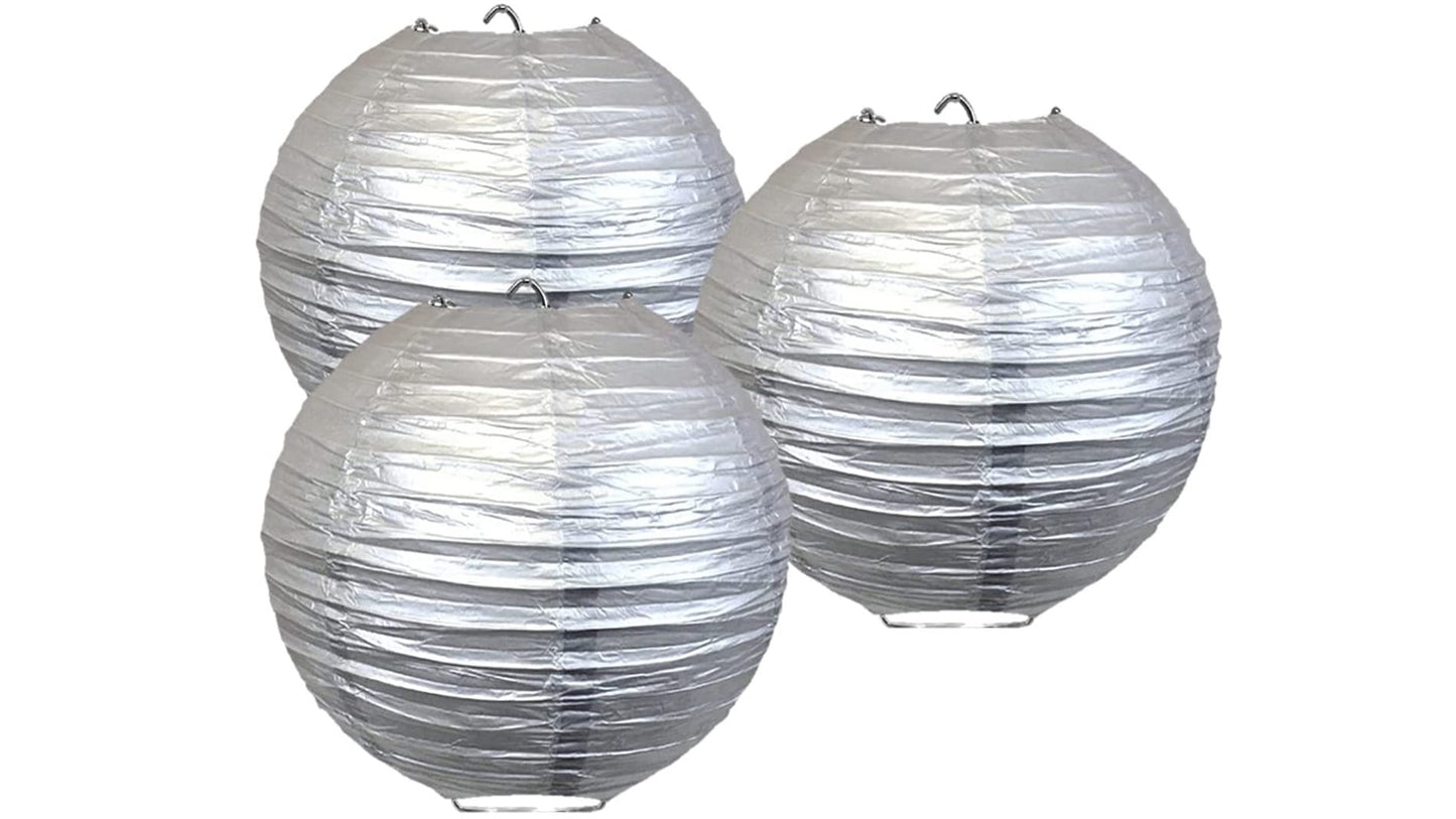 Matissa Pack Of 3 Round Paper Lanterns - Silver, 16/40Cm, Wedding & Birthday Party Decoration