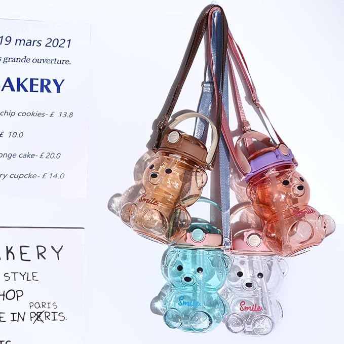 Vctitil Large Capacity Straw Water Cup Cute Bear Belly Cup Outdoor Sports Bottle 1000ml Plastic Water Cup(brown)