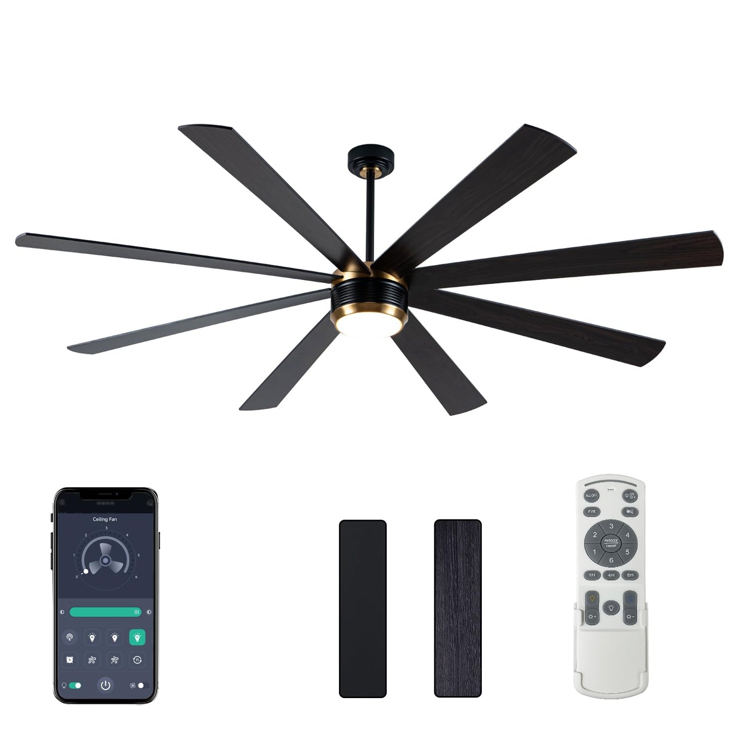 SHOWDI 8 cutting edge Ceiling Fan with Lights, Remote Control, Reversible Brightness, 84 Inch, Black-Gold