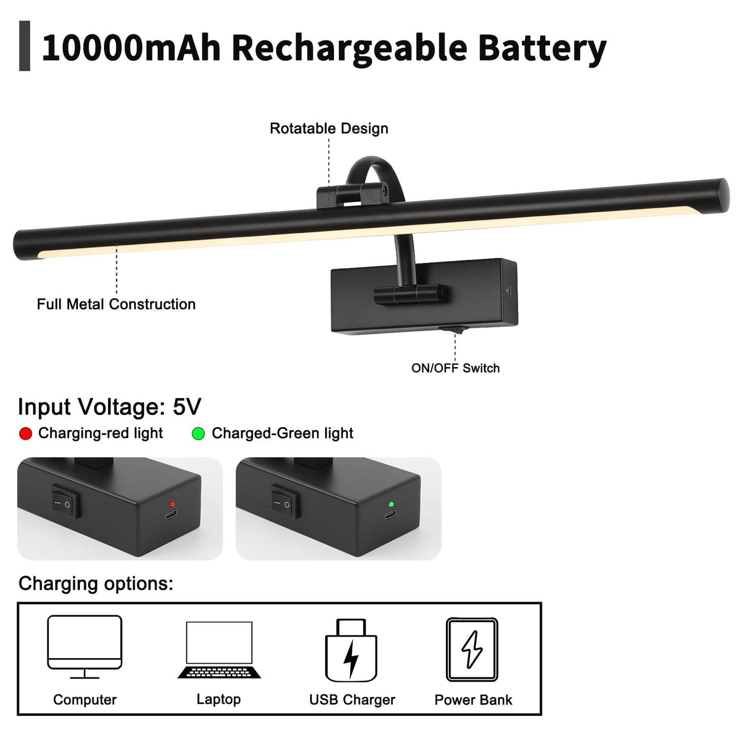 DESOOP Dimmable Black Picture Lights with Remote and Timer Wireless Art Lights Rechargeable Gallery Lighting for Canvas Portrait 24'' Inch 5W Warm White