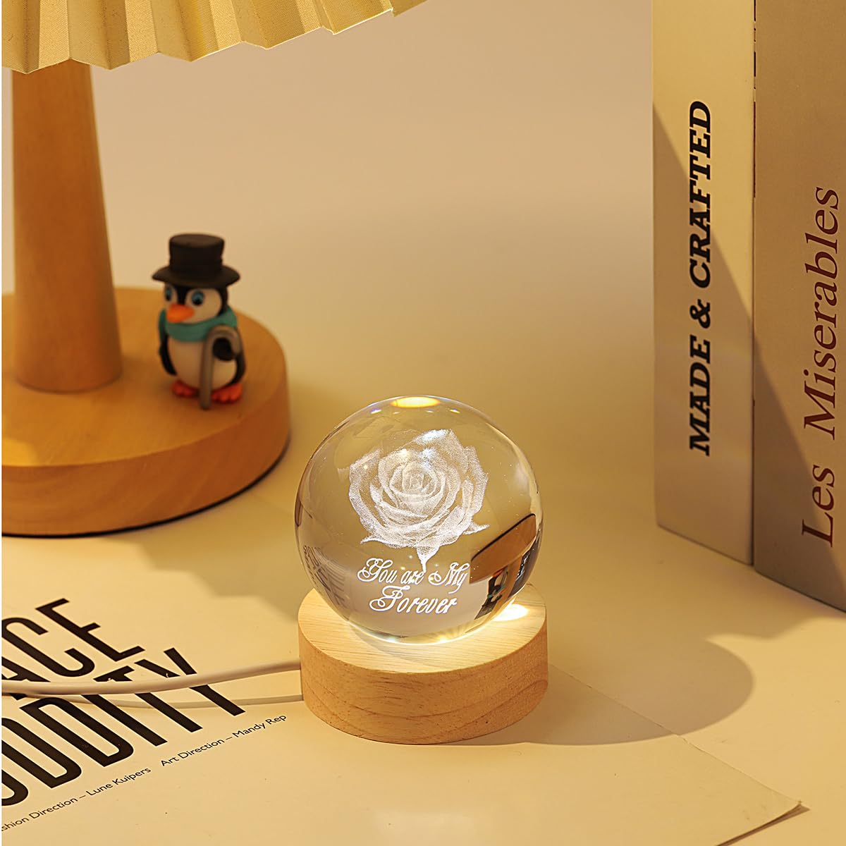 Hochance 3D Rose Crystal Ball Lamp With Adjustable Brightness Led Wooden Base Night Light For Kids Teens mature-themeds Birthday Gift Home Desk Office Bedroom Decor (6Cm / 2.4 )