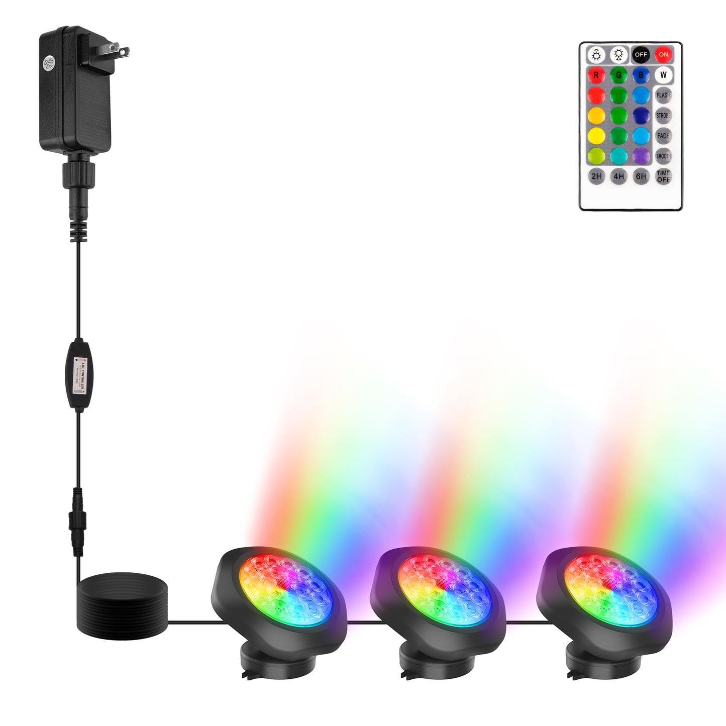CREPOW RGBW Pond Lights - 18 LED Submersible Fountain Lights, Remote Control, IP68 Waterproof, Multicolor, Set of 3, Model TS-F2230