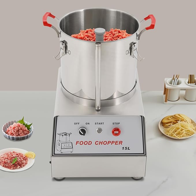 1400W Commercial Food Processor, 15L Stainless Steel Electric Food Chopper Machine, 1400RPM Grinder with Safety Lock & Clear Lid