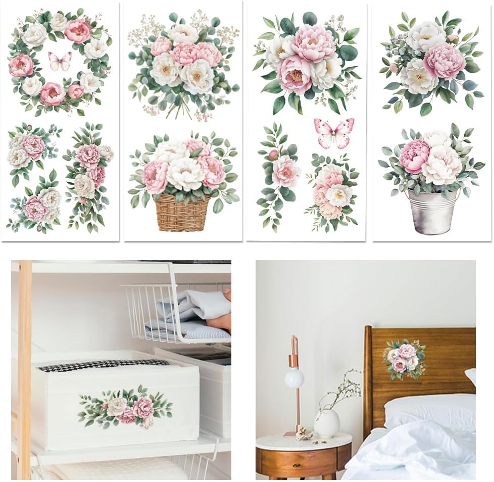 GLOBLELAND 4 Sheets Pink and White Flowers Transfer 11.8x5.9inch Peony Wreath Rub on Transfer Self-Adhesive Wall Art Decals for Farm Bedroom Living Room Desk Table Decoration