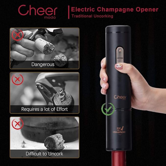 Cheer Moda Wine Opener,Electric Bottle Opener Corkscrew,Wine with Foil Cutter, 4AA Battery Powered Cordless Not Include-Best Gift for Lover (Champagne Gift, Black)