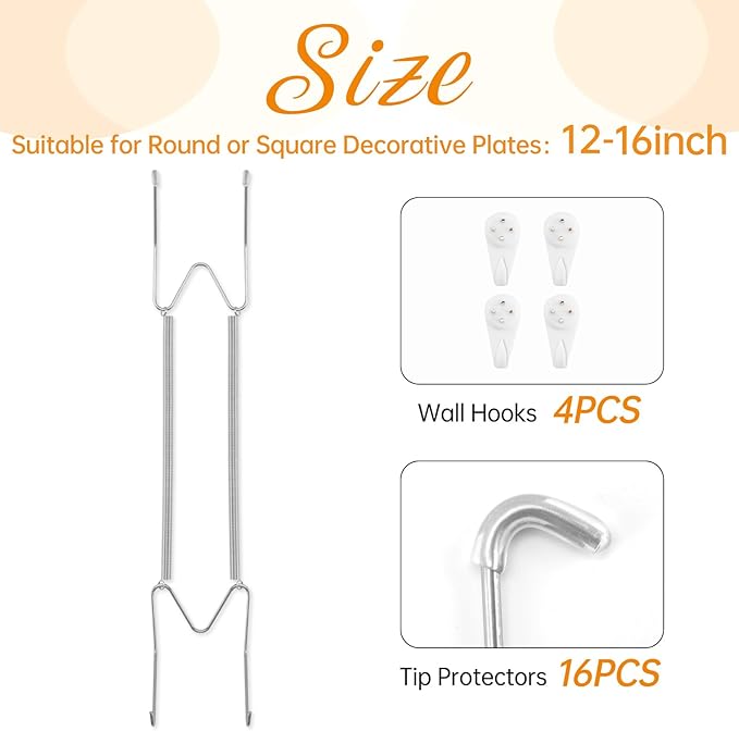 4 Pack Plate Hangers for The Wall, Suitable for 12-16 inch Art Plate, Stainless Steel Invisible Heavy Duty Wire Plate Holder with Wall Hooks, Plate Hangers for Displaying Plates, Platter, Dish, Silver