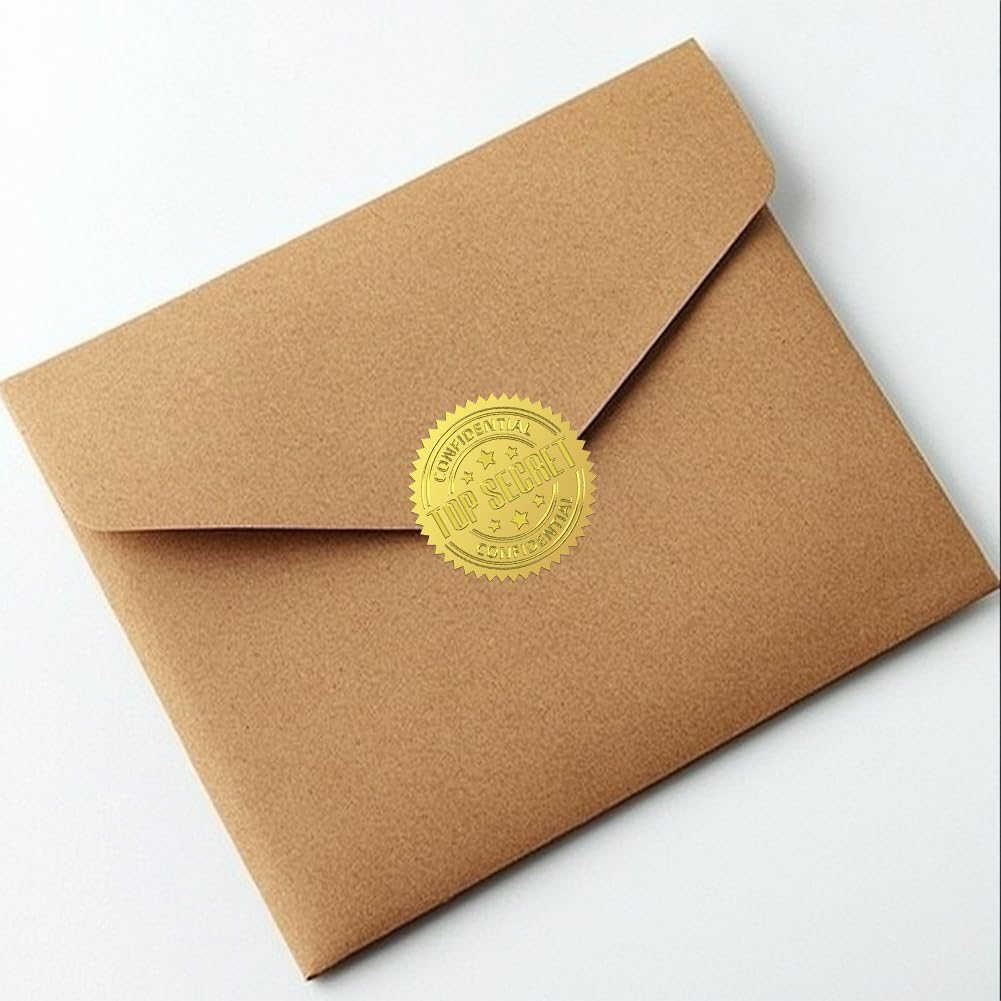 Peacoblue Gold Foil Stickers Seals Embossed 2 Inch 100Pcs Top Secret and Confidential, Self Adhesive Gold Around Embossing Medal Sticker for Secret Paper, Envelop Seal, Package