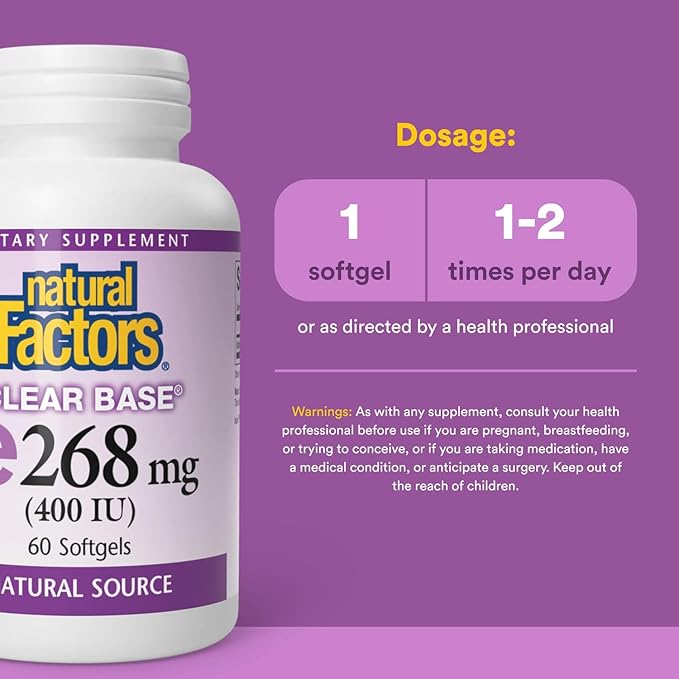 Natural Factors, Clear Base Vitamin E 400 IU, Antioxidant Support for Cardiovascular and General Health, 60 softgels (60 servings)