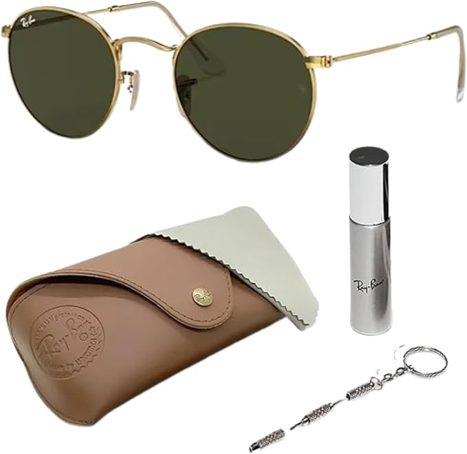 Ray-Ban RB3447 ROUND METAL Sunglasses with Polished Arista Gold Frame With Solid G-15 Green 50mm Lenses Includes an Offici...