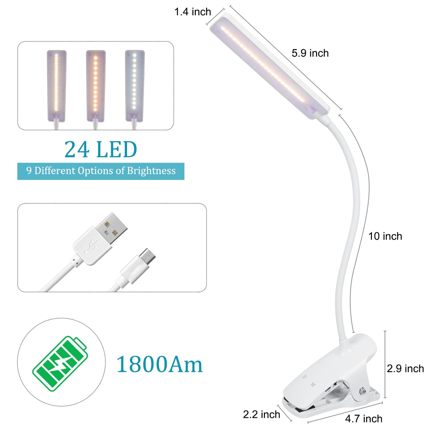 Deaunbr Led Reading Light With Clip, Usb Rechargeable, 24 Leds, Flexible Neck, White, Model Ws0030-00