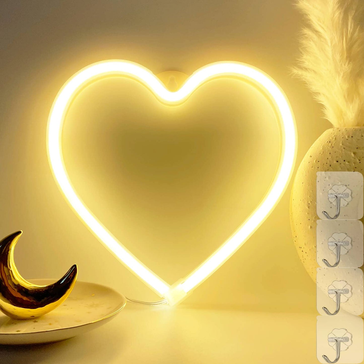 VIFULIN LED Heart Light Neon Sign, Yellow Heart Night Light, USB/Battery Operated, WarmWhite, Heart Room Decor for Valentines Day