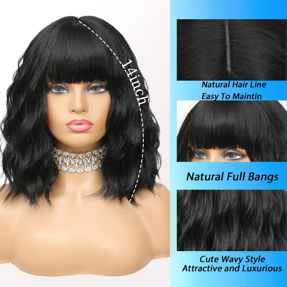 Short Wavy Black Wig with Bangs 14inch Natural Black Wigs for Women Short Curly Bob Wigs Synthetic Natural Looking Hair Replacem