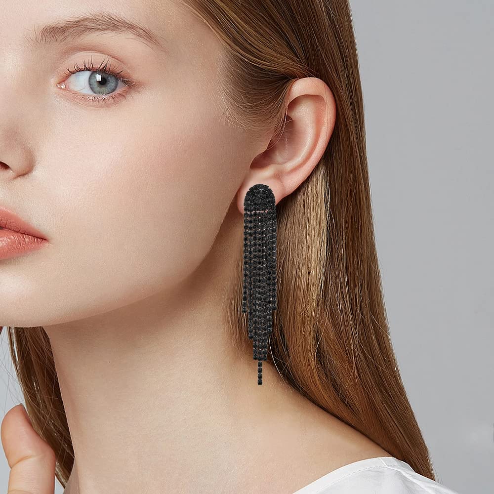Mlouye Black Dangle Earrings for Women Rhinestone Earrings Dangling Long Tassel Fringe Crystal Drop Earring for Prom Party