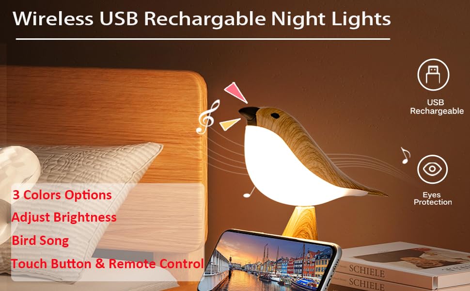 THOEWONG Bird Desk Lamp, Rechargeable Cordless Table Lamp, Remote Control, Touch Sensor, Small, Yellow, Model: bird04