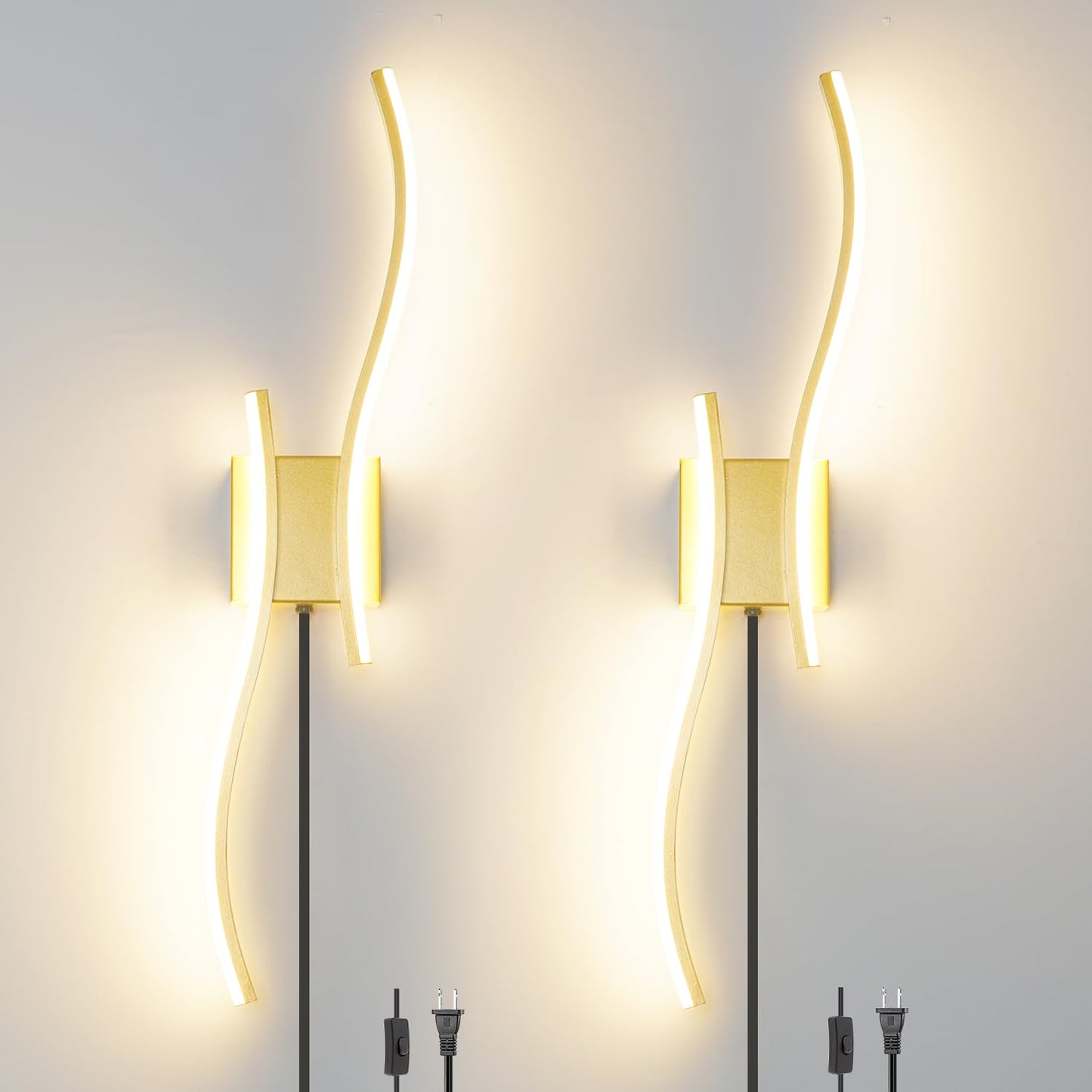 Daunton Wall Sconce Set of 2, Gold Dimmable LED Light, 27.5in Plug-in, Remote Control, 3CCT Adjustable, Model DX25021G-