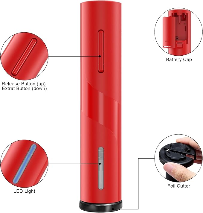 COKUNST Electric Wine Opener, Reusable Cordless Wine Bottle Corkscrew with Foil Cutter, Battery Operated Wine Openers for Wedding Kitchen Party Home Red