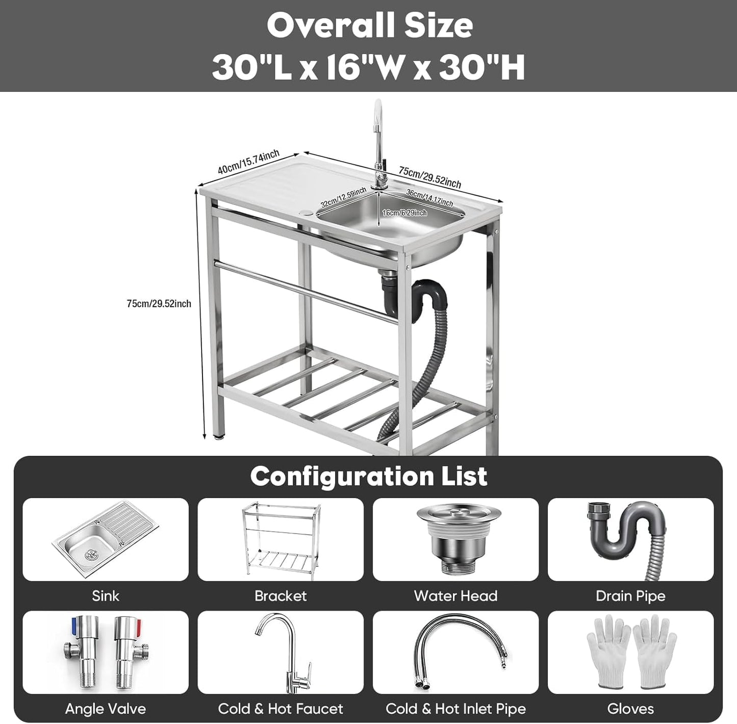 Vivrhintty Free Standing Kitchen Utility Sink with Workbench & Accessory Set, Stainless Steel Sink for Commercial, Outdoor,Garage, Laundry Room Use (29.52"D x 15.74"W x 29.52"H)
