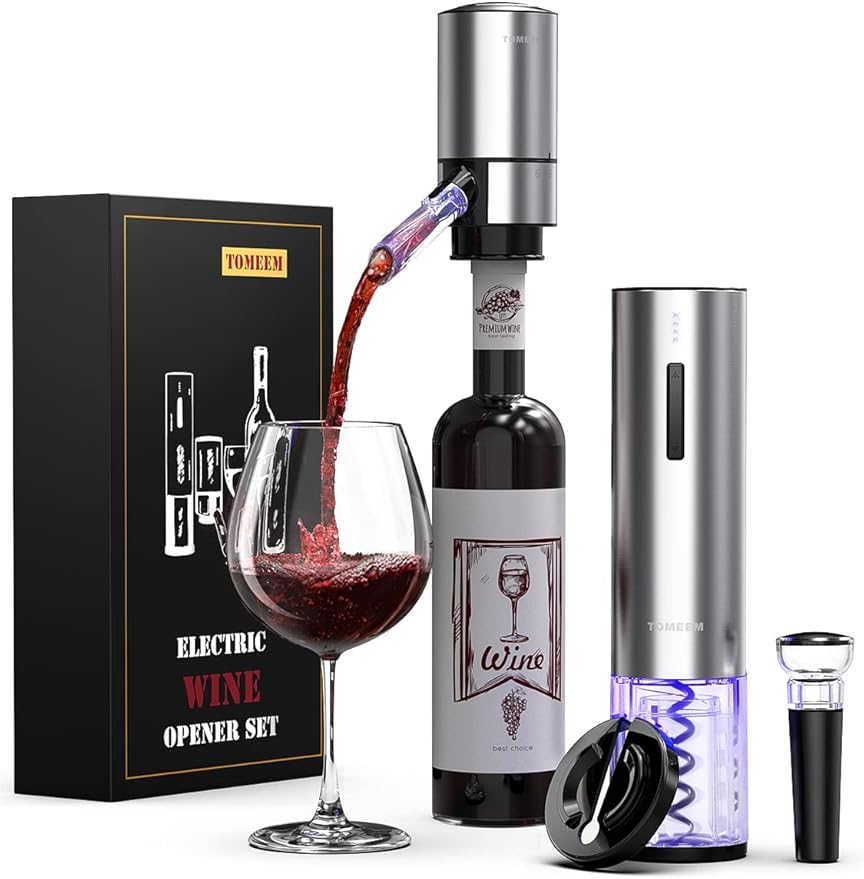 Rechargeable Electric Wine Gift Set - Aerator, Vacuum Stoppers, Foil Cutter and Bottle Opener for Home Bar and Outdoor Par...