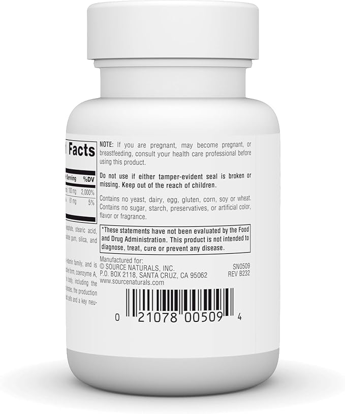 Source Naturals Pantothenic Acid 100 mg Vitamin B-5 Dietary Supplement - 100 Tablets