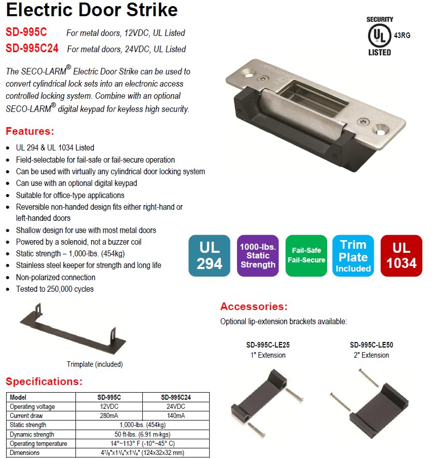 Seco-Larm SD-995C Fail-Secure or Fail-Safe Electric Door Strike for Metal Doors, Static Strength 1000 lbs. (454kg), Can Be Used with Virtually Any Cylindrical Door Locking System