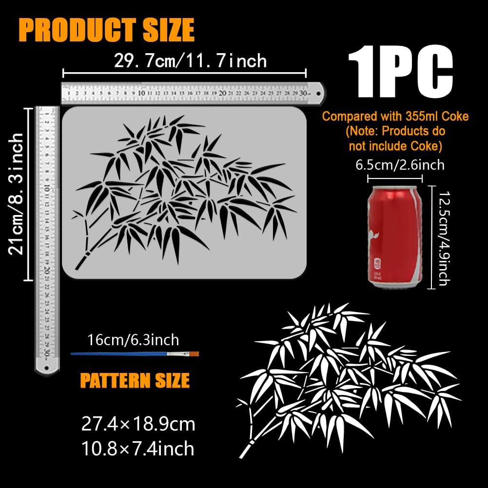 FINGERINSPIRE Bamboo Leaf Painting Stencil with Brush 8.3x11.7inch Bamboo Branch Drawing Template China Styles Pattern DIY Art Home Decoration Stencil for Painting on Wood Wall Fabric Furniture