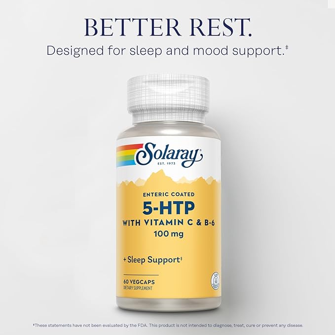 SOLARAY 5 HTP Supplement with Vitamin C & B-6 - Sleep Supplement and Serotonin Synthesis Support - Lab Verified, 60-Day Money-Back Guarantee - 60 Servings, 60 Enteric Coated VegCaps