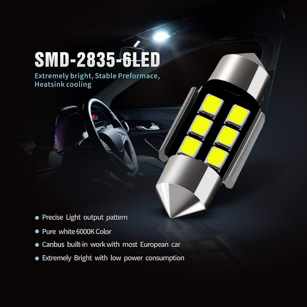Auxlight Festoon Led Bulbs 31Mm 6000K Xenon White, Super Bright 6Smd Chips, Pack Of 6