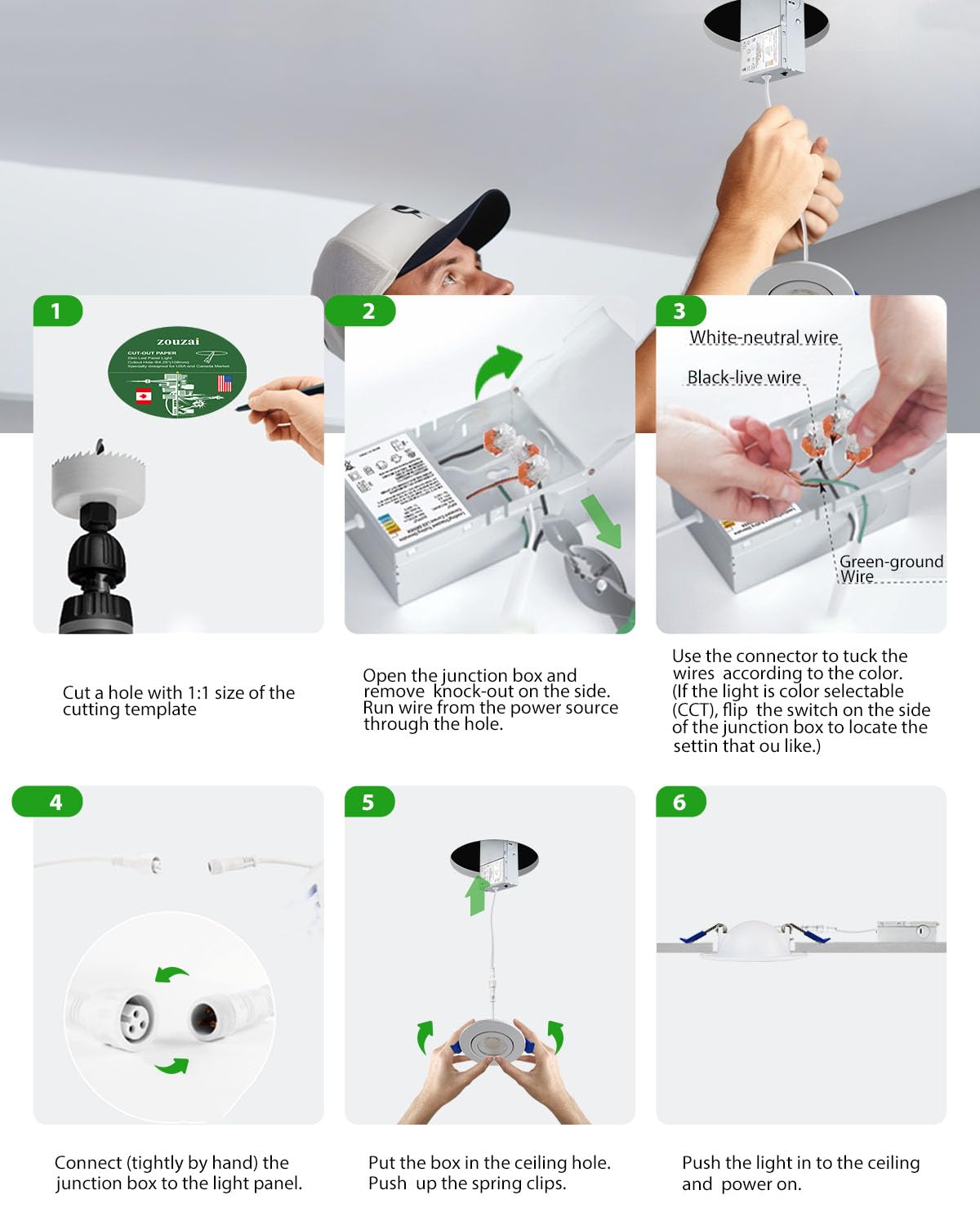 Zouzai 3 Inch 5Cct Gimbal Led Recessed Lighting With Junction Box  2700K/3000K/3500K/4000K/5000K Selectable  7W Eqv 80W  360+90 Adjustable Recessed Lights  798Lm Brightness - Etl (White  1 Pack)