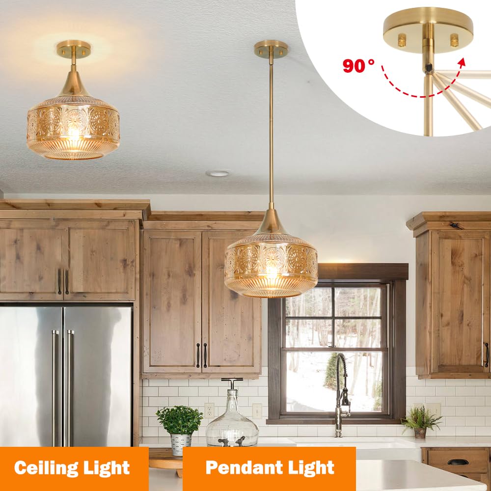 Retro Gold Pendant Lights Kitchen Island Lighting Fixture  Glass Pendant Light Large Brass With Large Thickened Amber Glass Shade  Classic Globe Pendant Light. Adjustable Hanging Light For Home Decor