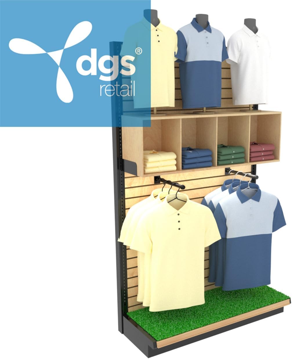ClubExhibit Elite™ Golf Club Slatwall Retail Display Rack for 32 Golf Clubs with 4 Wood Bins, 48"W x 84"H x 25"D Industrial Grade Made in USA
