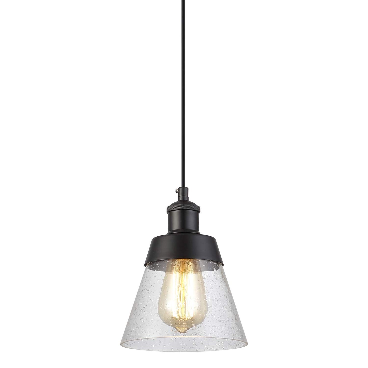 Fivess Lighting Industrial Glass Pendant Light, Mini Pendant, Black Metal, Adjustable, Handblown Clear Seeded Glass Shade